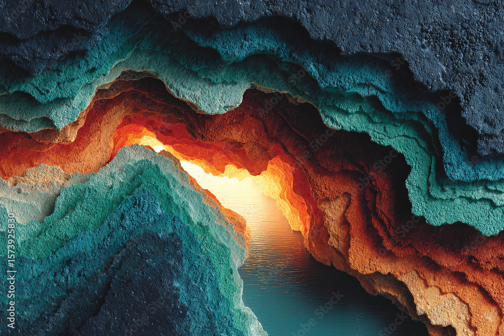 Blue and yellow light illuminates a mystical sea cave, revealing an abstract underwater landscape of rock, coral, and the vast ocean beyond, perfect for a summer travel view Blue and yellow light illuminates a mystical sea cave, revealing an abstract underwater landscape of rock, coral, and the vast ocean beyond, perfect for a summer travel view