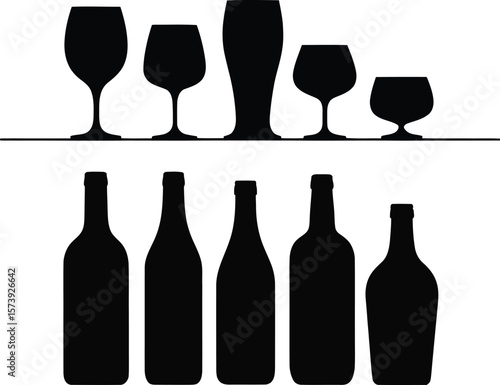 A graphic illustration of wine bottles and glasses in black silhouette on a light gray background