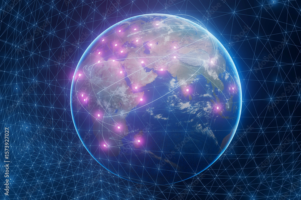 Obraz premium A blue and purple planet Earth with a network of lines connecting it
