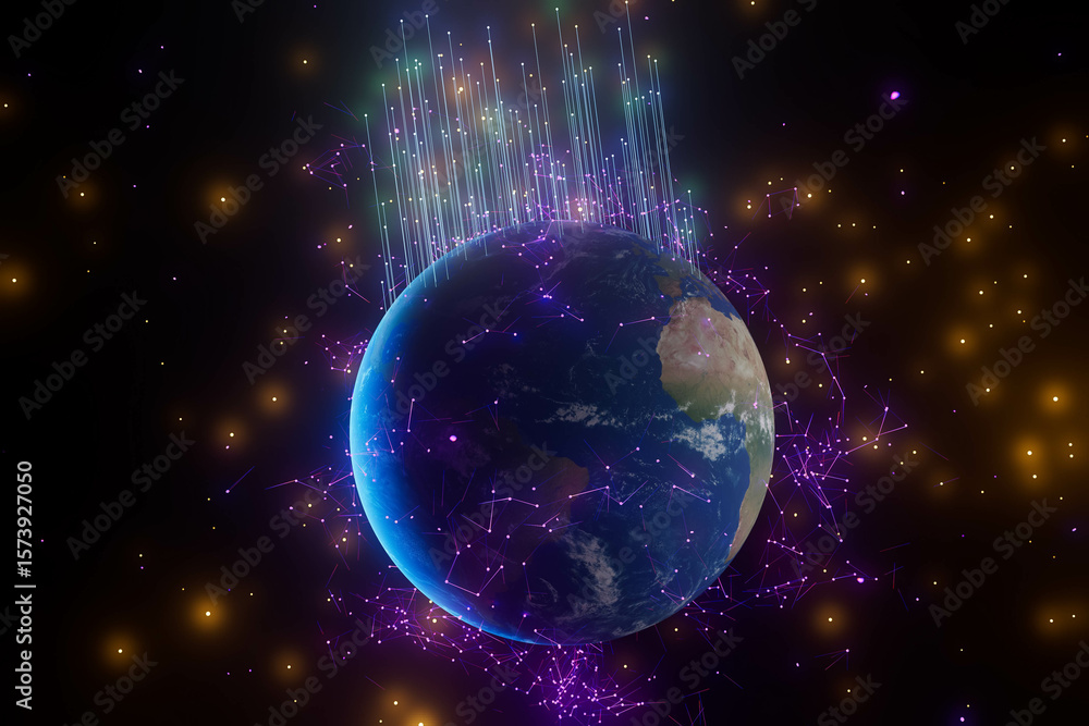 Fototapeta premium A blue planet Earth with a purple and orange background