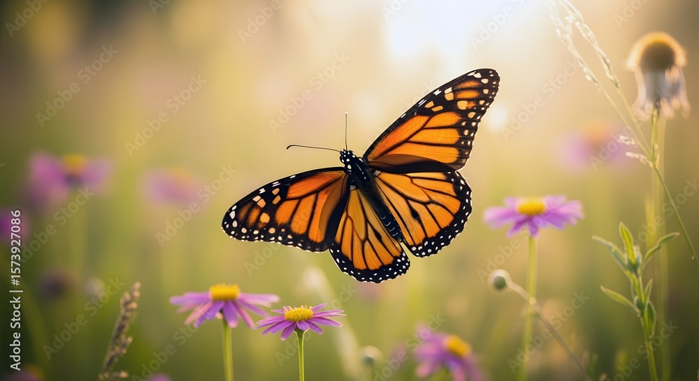 Fototapeta premium Monarch Butterfly Flying in Sunny Meadow with Purple Flowers