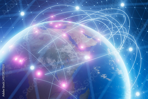 A blue globe Earth with many lines and dots on it