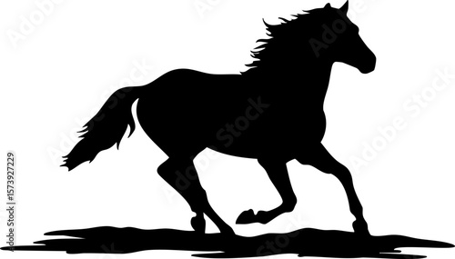 Running horse silhouette with flowing mane and tail on ground shadow, dynamic and powerful animal movement