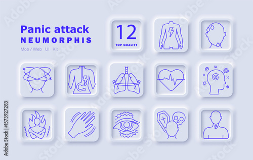 Panic attack set icon. Shortness of breath, dizziness, fear, nausea, stomach discomfort, bowel issues, chest pressure, racing heart, blurred vision, trembling, exhaustion, hypersensitivity.