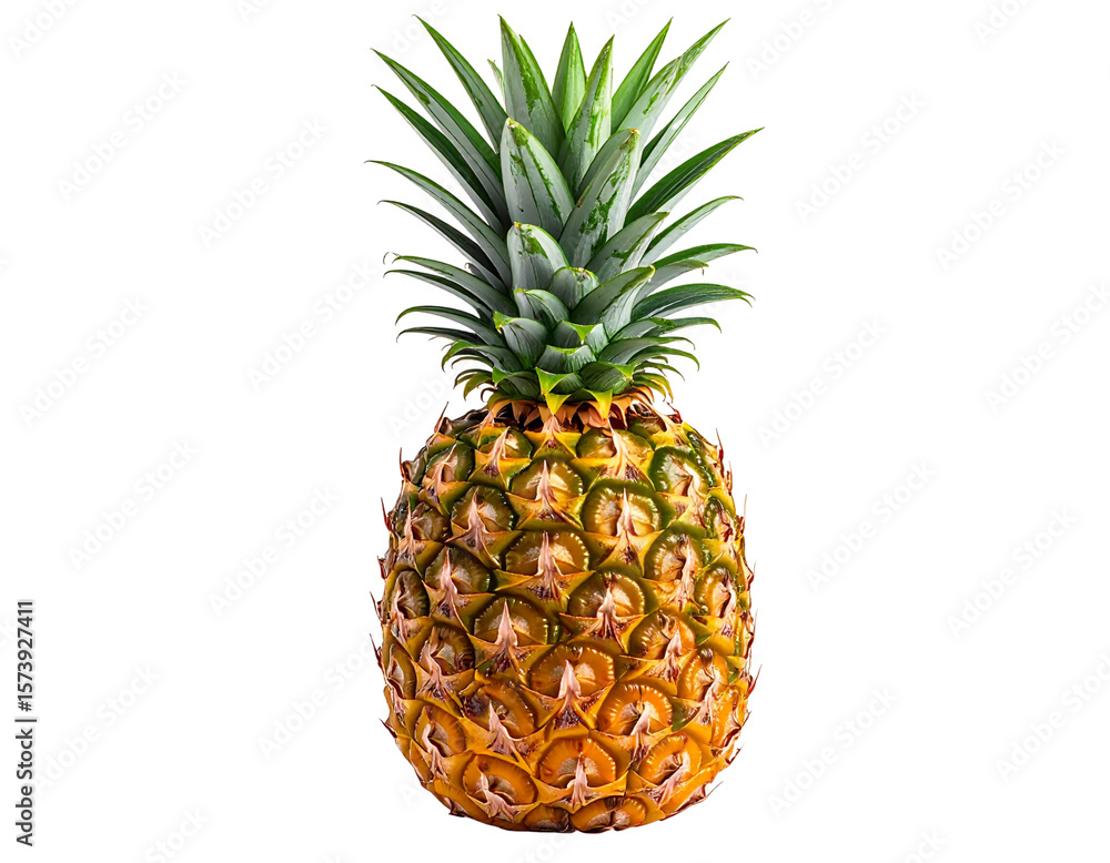 Fototapeta premium Whole Fresh Pineapple with Green Crown, angled Side View, isolated on white background PNG