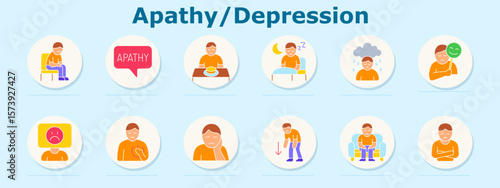 Apathy and depression set icon. Includes seated person, apathy bubble, empty plate, sleep, rainy cloud, mask, sad face, chest pain, hand on face, fatigue, sitting, arms crossed