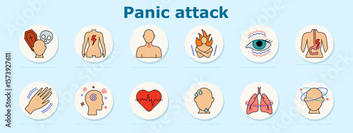 Panic attack set icon. Shows stethoscope, chest fire, tired person, dizziness glasses, heartburn, stomach pain, lungs, inflamed intestine, vomiting, ear ringing, crouched posture, trembling hand