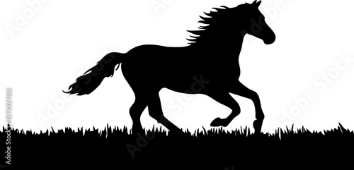 Running horse silhouette with flowing mane and tail above grass, showing dynamic motion and natural energy