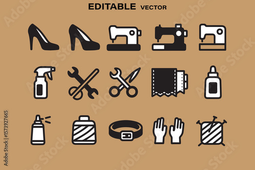Collection of editable vector icons representing sewing fashion and crafting tools on a brown background