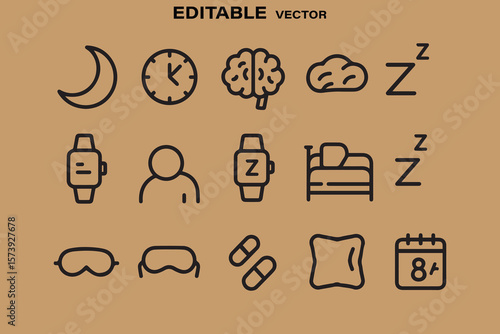 Collection of sleep related icons including moon clock brain zzz smartwatch person bed sleep mask pills pillow and calendar