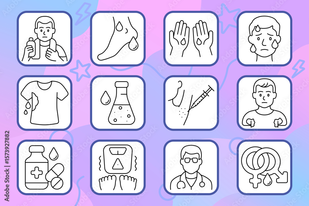 Fototapeta premium Hyperhidrosis set icon. Excess sweat, face, armpits, hands, shirt, feet, medical check, treatment, injection, test, gender factor.