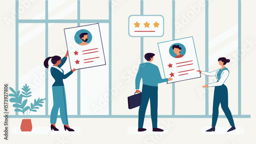 Vector Business professionals review candidate profiles in modern office setting