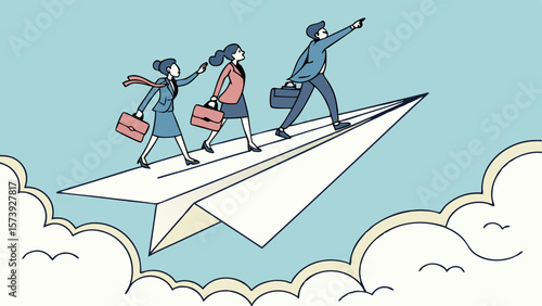 Vector Three businesspeople are aboard paper airplane, showcasing teamwork and ambition