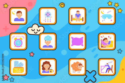 Sleep disorder set icon. Sleepy man, dreamcatcher, sitting on bed, sleeping mask, alarm clock, cloud head, pillow, painful sleep, melatonin pills, no caffeine, sheep, desk nap