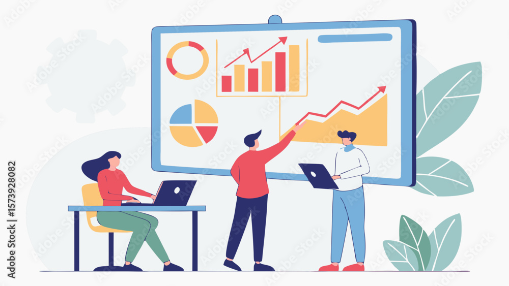 Vector Team collaborating on data analysis with charts and graphs displayed on large screen Vector Team collaborating on data analysis with charts and graphs displayed on large screen