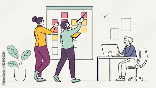 Vector Team of coworkers collaborates on project board, sharing ideas and strategies