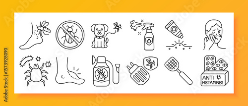 Insect allergy set icon. Outlined icons showing bug bites, irritated skin, pet protection, anti-itch cream, repellents, fly swatter, pills, mites, plug-in devices, and antihistamine label