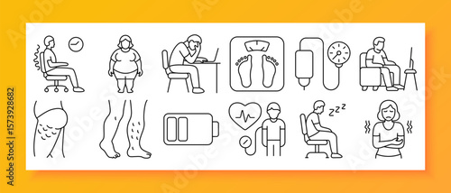 Sedentary lifestyle health risk set icon. Displays sitting posture, obesity, stress at desk, blood pressure monitor, varicose veins, low energy, stomach discomfort, and long-term screen usage impacts