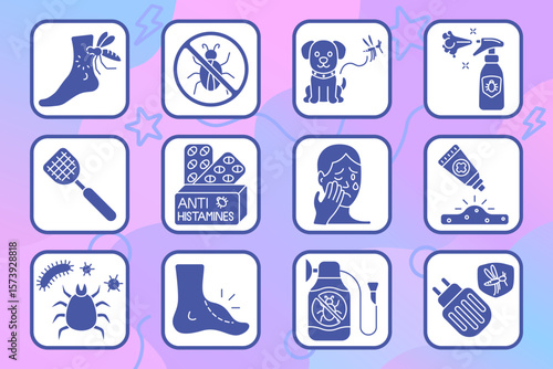 Insect control set icon. Bug bite, pest protection, pet safety, repellent spray, antihistamine, itching face, rash cream, tick, foot swelling, pesticide, electric trap.
