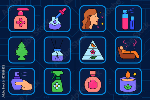 Fragrance set icon. Soap dispenser, oil dropper, woman with scent, bottle sprayer, car freshener, diffuser, scent pyramid, relaxing, hand spray, cleaner, perfume, candle.