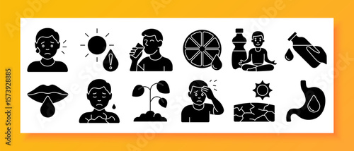 Water balance and dehydration set icon. Shows sun, drinking, warning drop, citrus, yoga, dry lips, pain face, wilting plant, dry ground, stomach fluid, head discomfort
