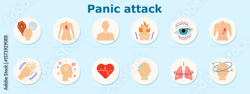 Panic attack set icon. Depicts pressure gauge, chest temperature swings, sleepiness, spiral vision, chest flame, stomach cramp, lungs, colon fire, vomiting, earbell, panic crouch, hand tremor
