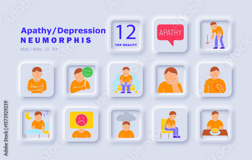 Depression set icon. Sadness, emotional fatigue, mood swings, apathy, sleeplessness, loneliness, heartache, fake emotions, food rejection, poor concentration, insomnia, rainy mood, fake smile.