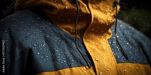 waterproof water resistant raincoat close up, concept of rainwear equipment water repellent clothing fashion textile