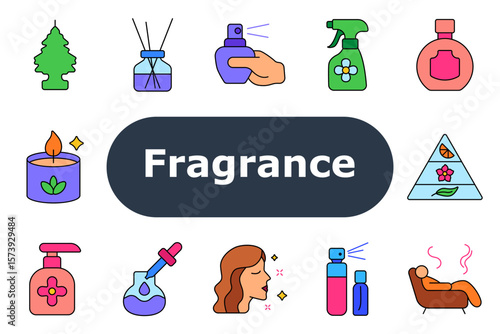 Fragrance set icon. Air freshener, diffuser, perfume spray, floral spritz, bottle, aroma candle, fragrance pyramid, pump dispenser, dropper, aroma test, essential oil, relaxation.