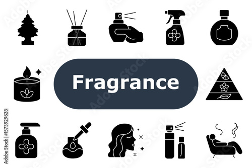 Fragrance set icon. Air freshener, diffuser, perfume spray, floral spritz, bottle, aroma candle, fragrance pyramid, pump dispenser, dropper, aroma test, essential oil, relaxation.