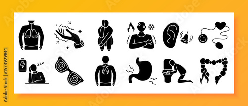 Panic attack set icon. Depicts pressure gauge, chest temperature swings, sleepiness, spiral vision, chest flame, stomach cramp, lungs, colon fire, vomiting, earbell, panic crouch, hand tremor