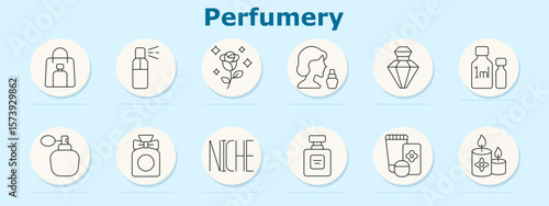 Perfumery set icon. Shows shopping bag, spray bottle, rose scent, profile with perfume, gem bottle, milliliter jars, atomizer, bow bottle, niche label, square bottle, product box, scented candles