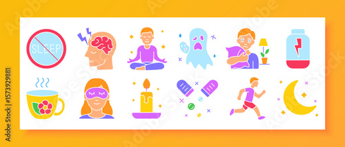 Sleep problems set icon. Insomnia, nightmares, anxiety, tea, candles, eye masks, disturbed brain, restless night, calm poses, sleeping pills, tired running, moon symbols, and beds.