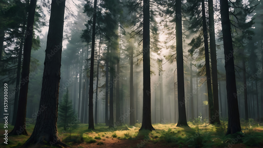 Naklejka premium Serene forest background with tall pine trees, soft sunlight rays shining through the branches, and misty atmosphere. Moody yet peaceful. No people, no animals. Perfect for meditation apps, eco-travel