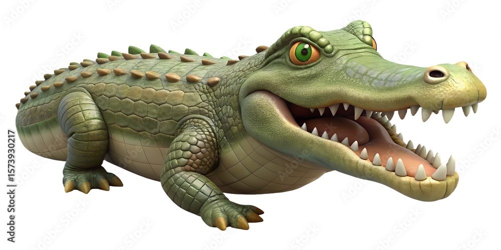 Obraz premium Friendly cartoon alligator with open mouth and sharp teeth on white background