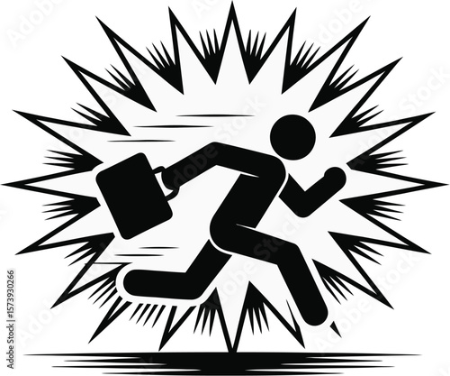 A black and white illustration of a stick figure running with a briefcase in front of an explosion