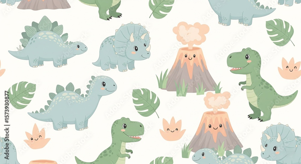Fototapeta premium Seamless baby dinosaur pattern with stegosaurus, triceratops, and T-Rex in pastel colors with leaves and volcanoes – playful children design.