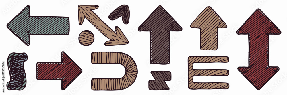 Fototapeta premium Vector icons of messy hand-drawn arrows in different directions – Suitable for sketchbooks, blogs, or illustrative resources
