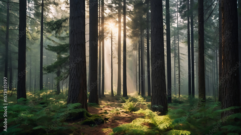 Obraz premium Serene forest background with tall pine trees, soft sunlight rays shining through the branches, and misty atmosphere. Moody yet peaceful. No people, no animals. Perfect for meditation apps, eco-travel