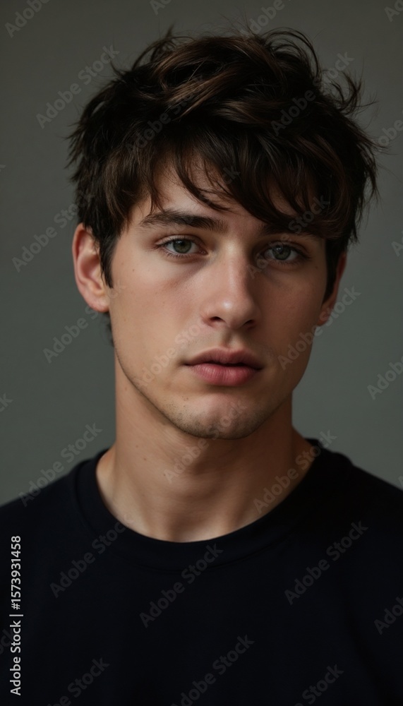 Fototapeta premium Charming young man with stylish hair, serious mood, close-up portrait on neutral background