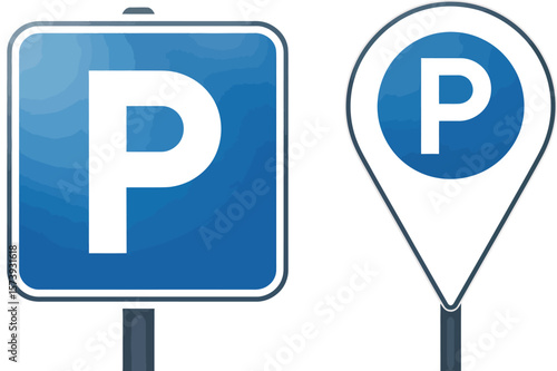 A square blue parking sign with a white p and a location pin parking sign on a gray background wall