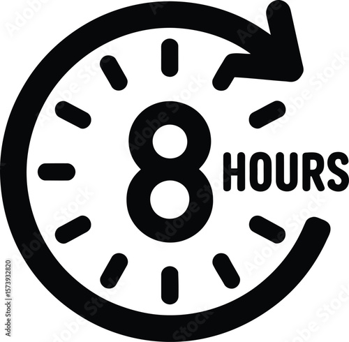 A black and white graphic icon depicting an eight hour timer with an arrow indicating time passing