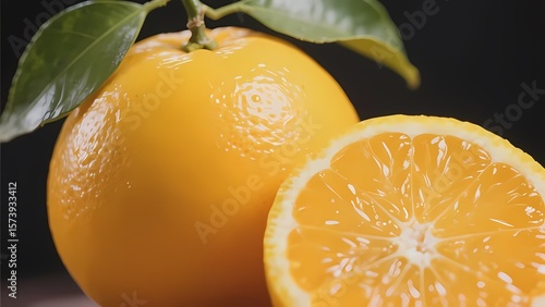 Whole and cut oranges showcasing fresh fruit appearance.