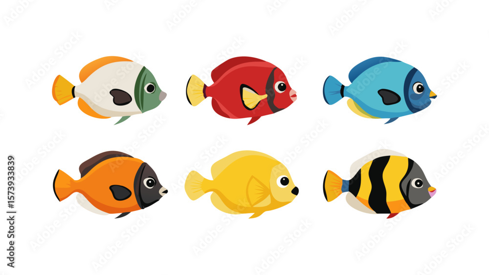 Naklejka premium Colorful Cartoon Fish Grid – Vibrant Flat Vector of Stylized Tropical Fish for Kids, Education & Ocean-Themed Design