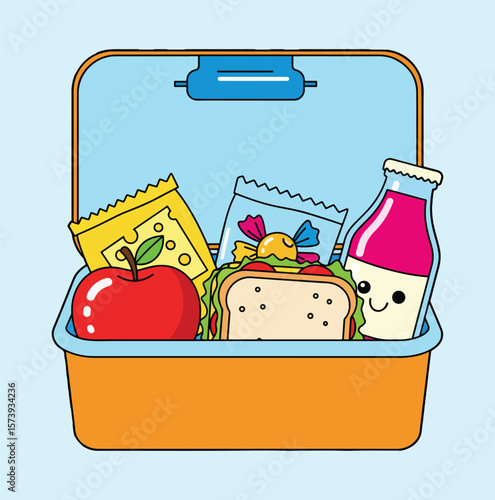  A cute lunch box line art, packed with snacks, a sandwich, an apple, and a drink.