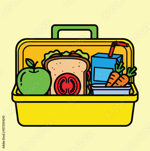 A vibrant yellow lunch box line art, featuring a sandwich, apple, juice box, and carrots.