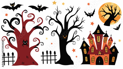 Scary Halloween night illustration with a haunted castle, spooky trees, and bats silhouetted against an autumn moon