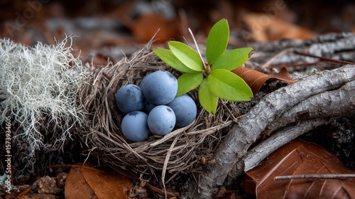 Bird nest with blue berries and green leaves in forest setting