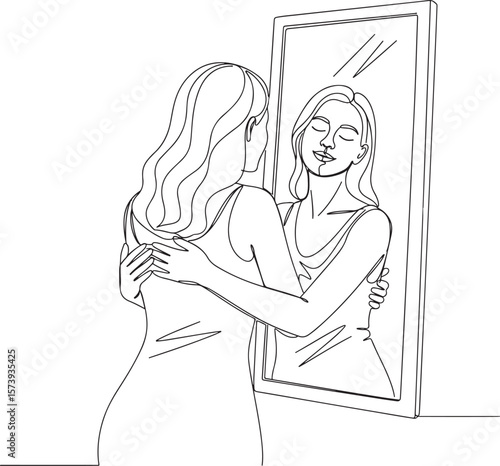  Black line art illustration of a woman hugging her reflection in a mirror, depicting self-acceptance..