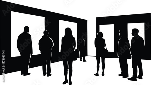 people admiring art in a gallery silhouette vector illustration